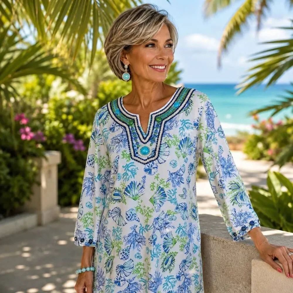 Barbara Gerwit Womens Tropical Print Resort Wear Tunic Dress Large